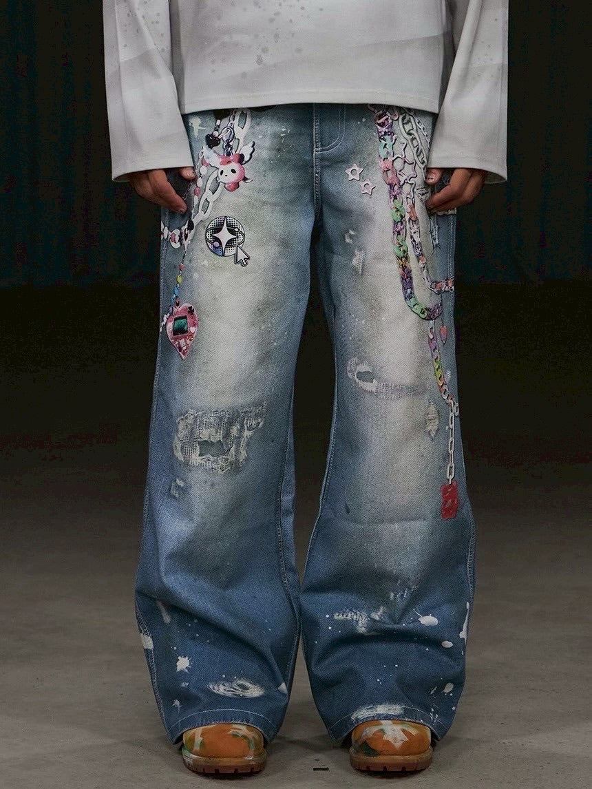 【DND4DES】Y2K CARTOON PENDANTS PRINT PANTS