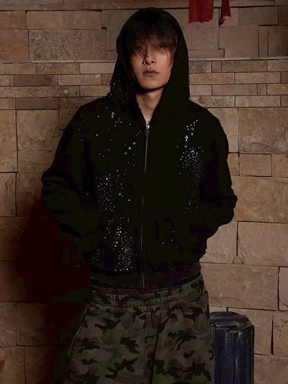 【DND4DES】RHINESTONE BLACK ZIP-UP HOODIE