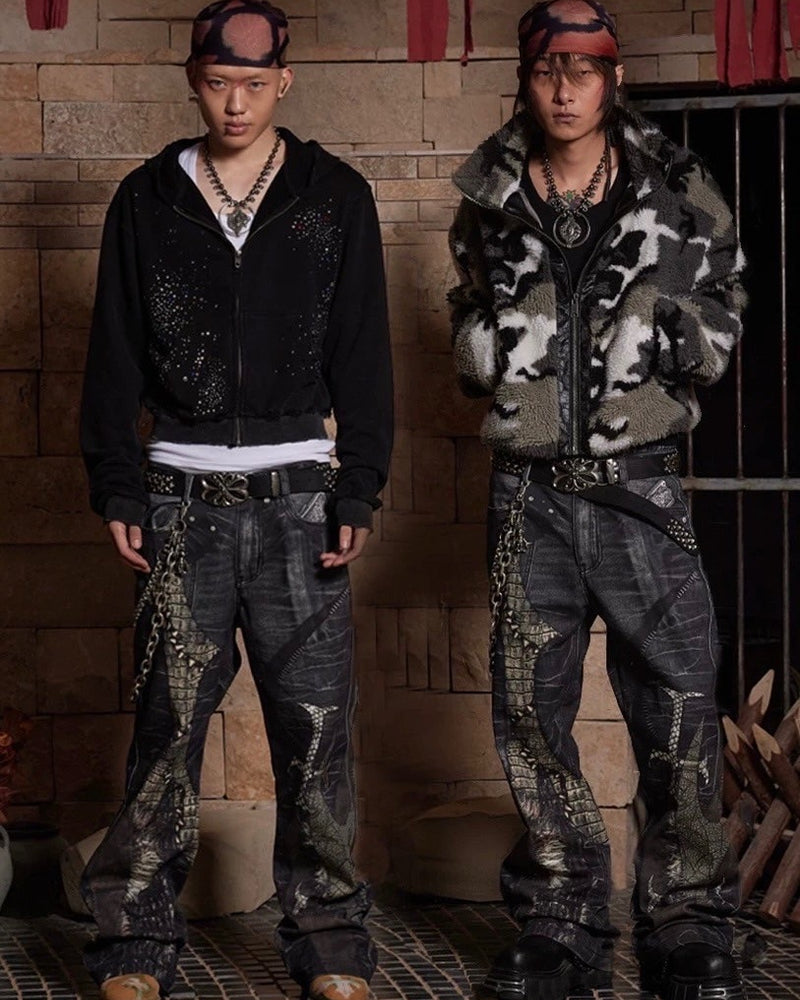 【DND4DES】LEATHER CROSS SPLICING PRINTED JEANS