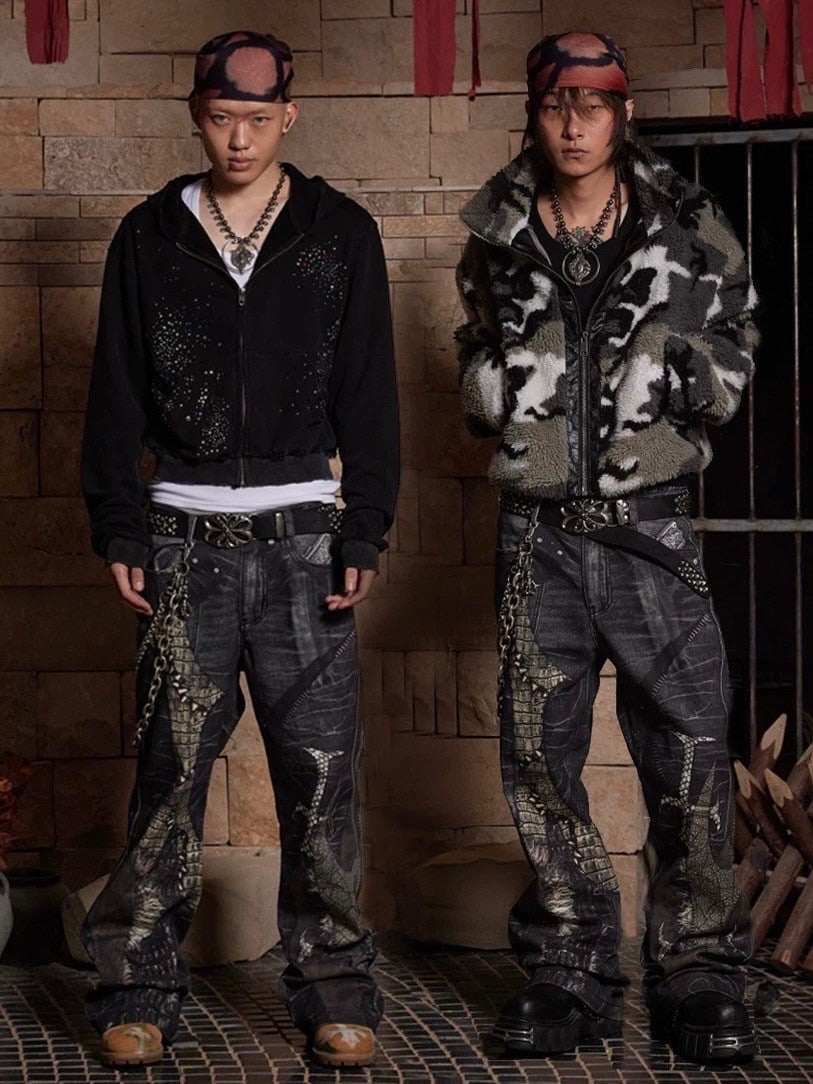 【DND4DES】LEATHER CROSS SPLICING PRINTED JEANS