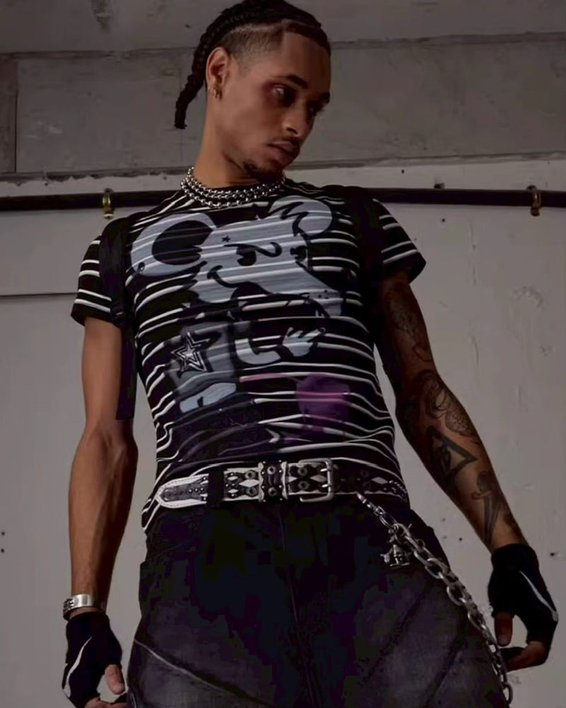 【DND4DES】RAT GRAFFITI STRIPED TIGHT T-SHIRT