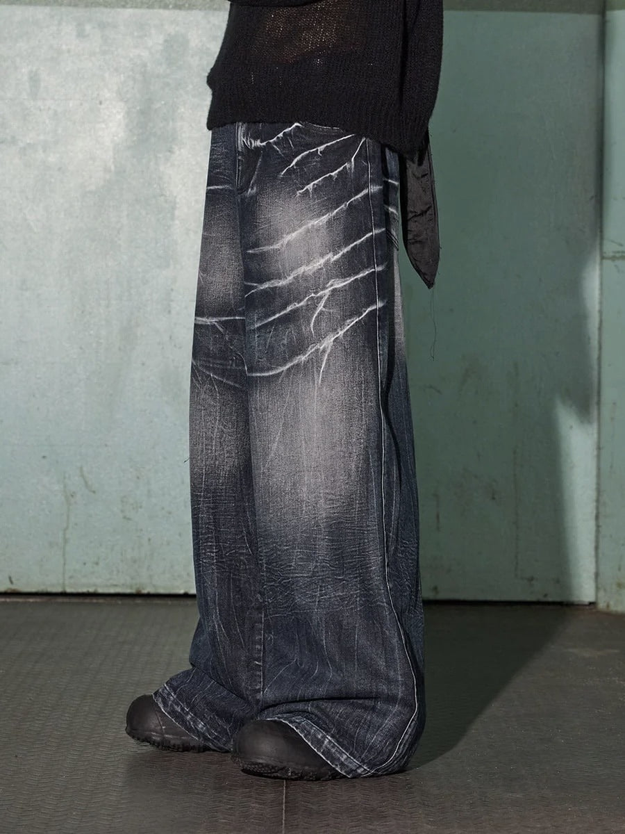 【DND4DES】LIGHTING CREASE WASHED WIDE-LEG JEANS
