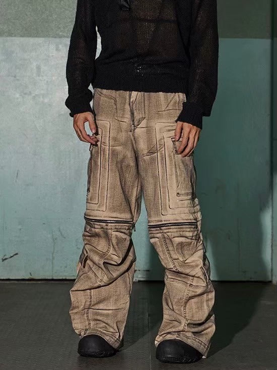 【DND4DES】DISTRESSED DRAWSTRING ADJUSTABLE ZIPPER CARGO PANTS
