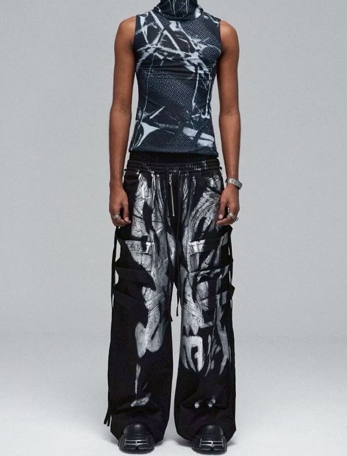 【DND4DES】 MULTI-LAYERED STRIPED GRAFFITI CARGO PANTS