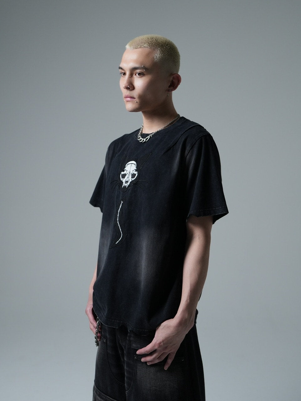 【CHIKASHITSU PLUS HIGH】Destroy skull cat T-shirt (black)