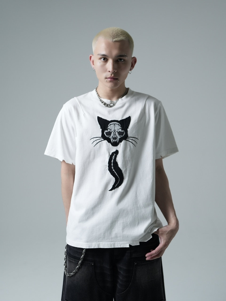 【CHIKASHITSU PLUS HIGH】Destroy skull cat T-shirt (white)