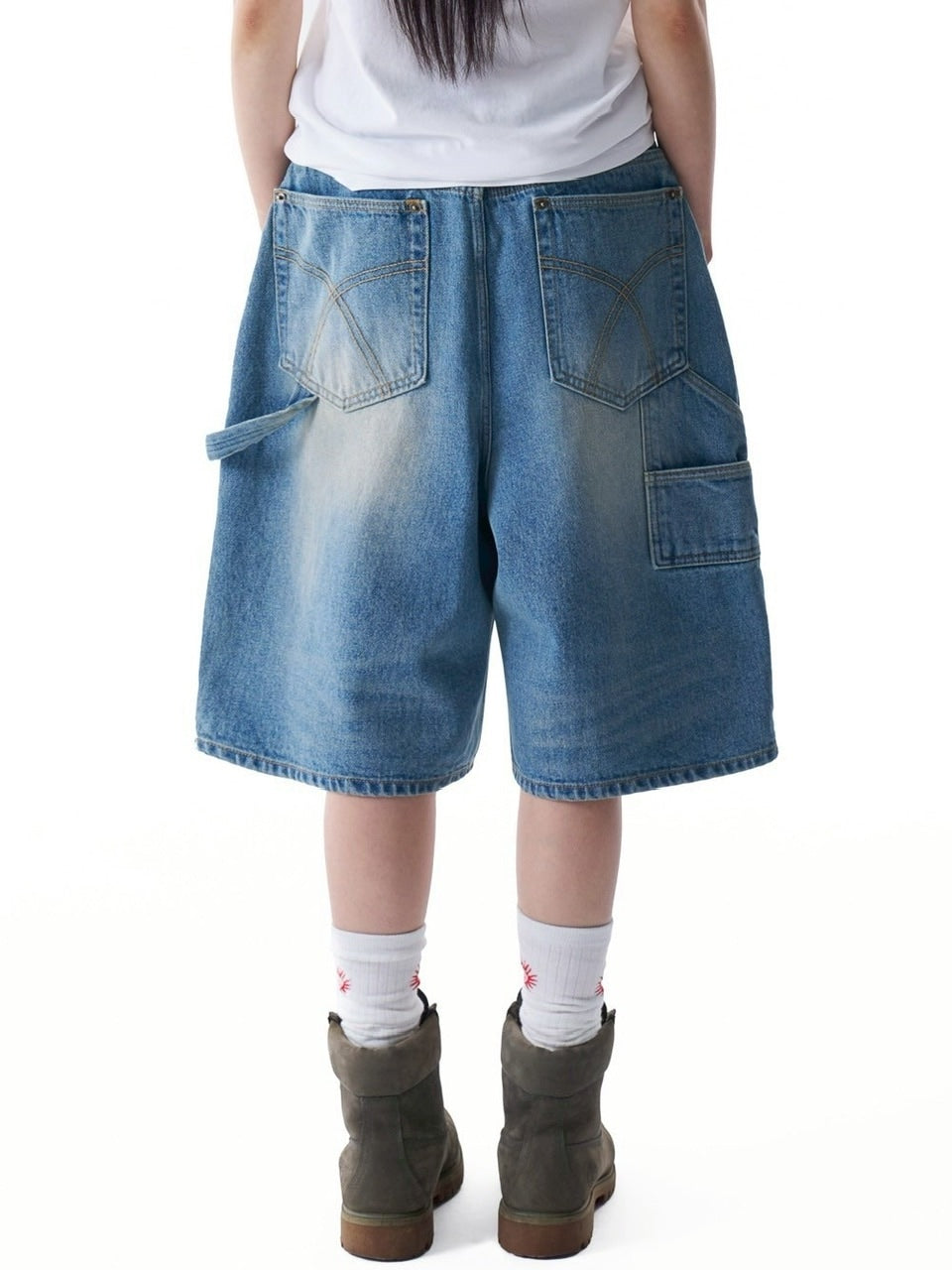 【AAKAM】Washed Double Knee Bermuda Denim Pants