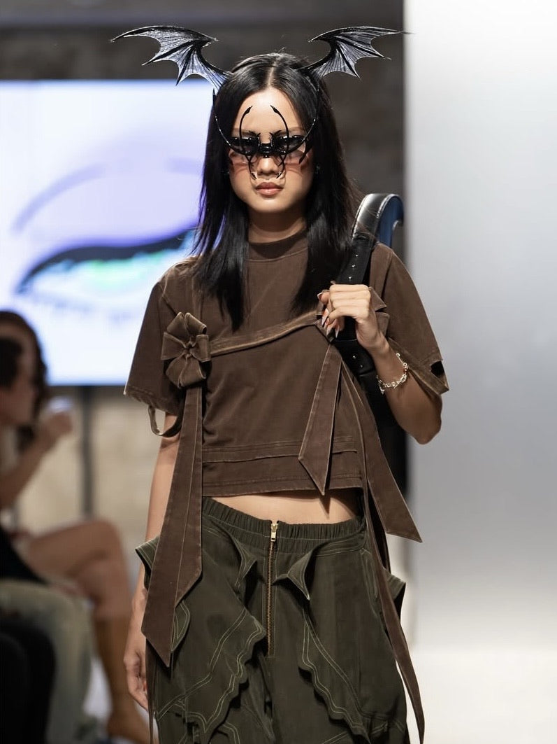 【La Lune】EARTHY TOP / 【ラリュンヌ】ビンテージフェイクレイヤードリボン半袖Tシャツ