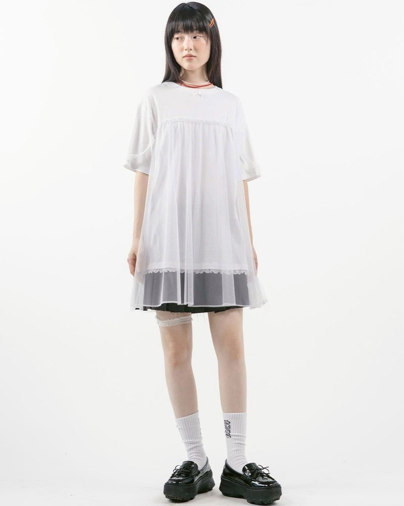 【TUOMIO】MESH LAYERED LACE T-SHIRT / 【トゥオミオ】メッシュレイヤードレース半袖Tシャツ