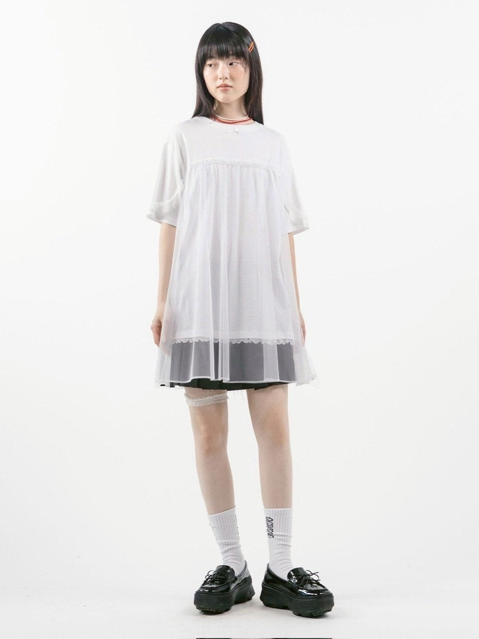 【TUOMIO】MESH LAYERED LACE T-SHIRT / 【トゥオミオ】メッシュレイヤードレース半袖Tシャツ