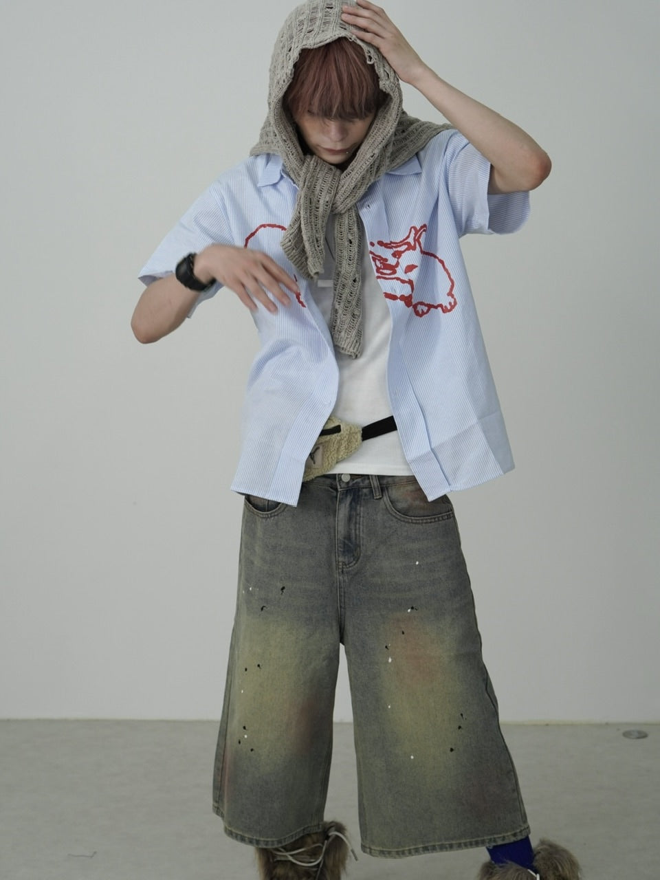 国際配送【Nerd out XU】pink washed seven quarte denim pants / 【ナードアウトエックスユー】ピンクウォッシュドワイドハーフパンツ