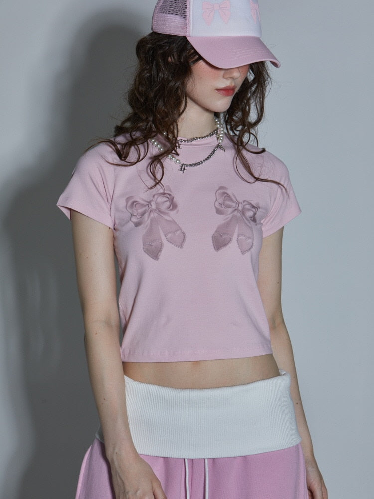 【GATELESS】RIBBON PRINT LOGO CROPPED T-SHIRT / 【ゲートレス】リボンプリントロゴクロップド半袖Tシャツ