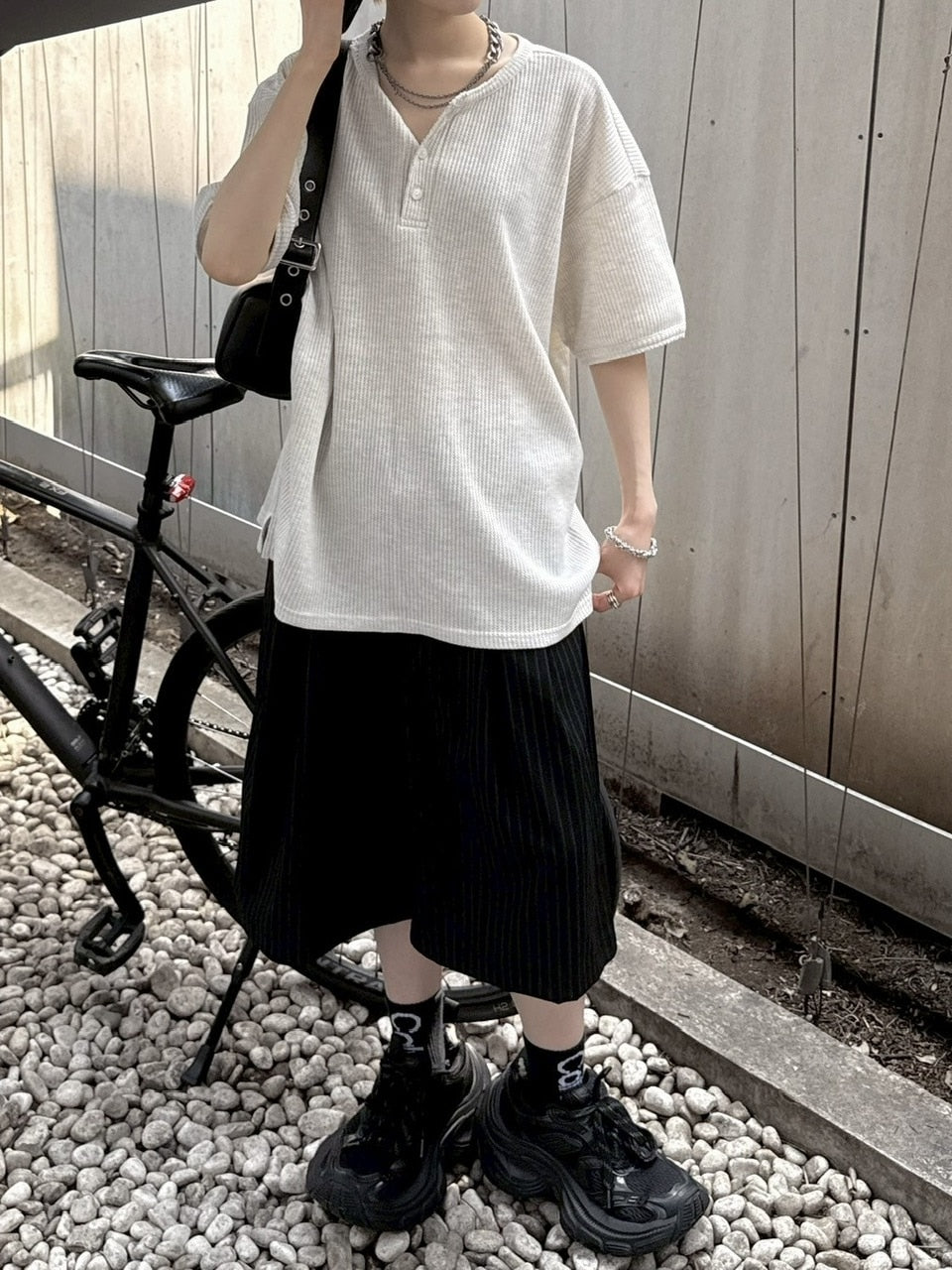 【nmtc +】stripe slacks shorts / 【エヌエムティーシープラス】ストライプスラックスハーフパンツ (2color)