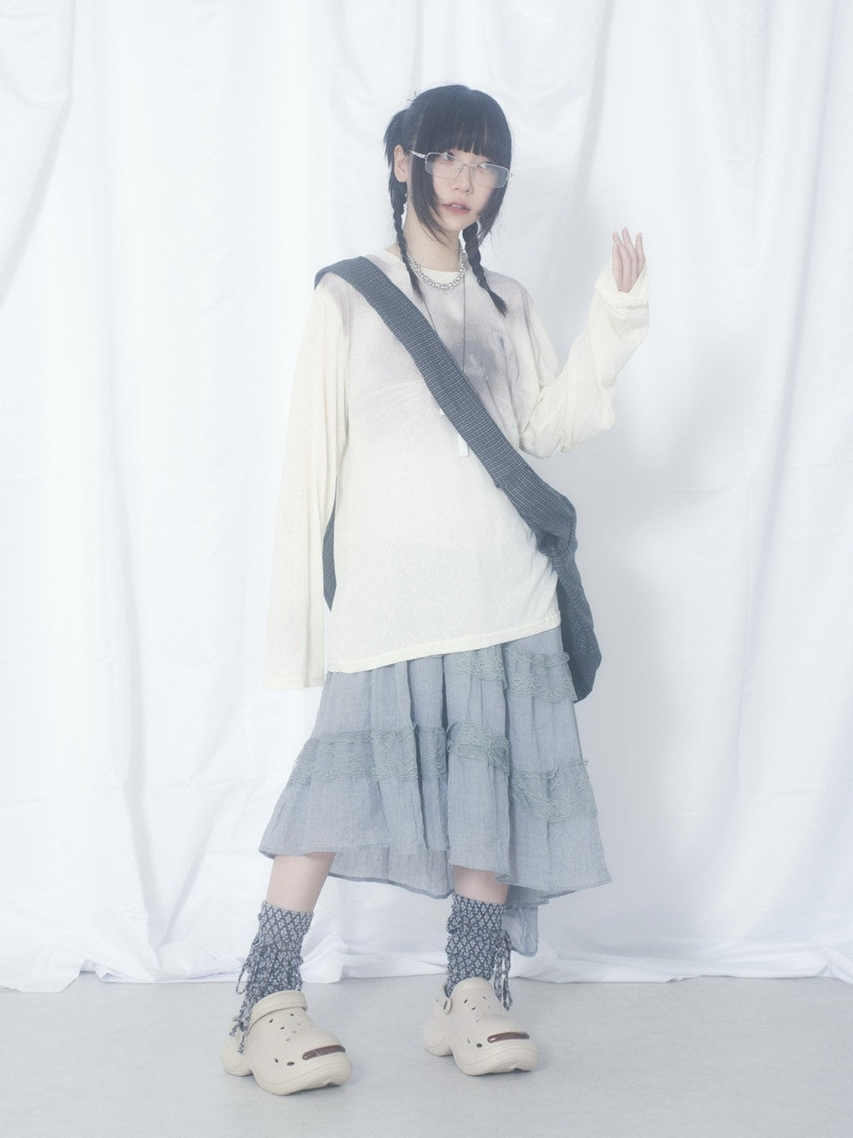 国際配送【Nerd out XU】cat face sheer long sleeve / 【ナードアウトエックスユー】キャットフェイスシアー長袖Tシャツ