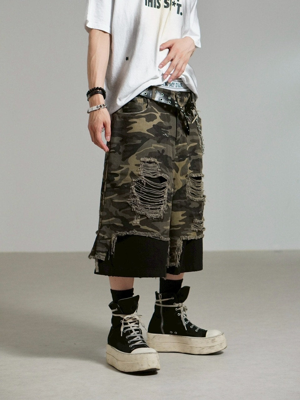 受注制【Chikashitsu +】layered camouflage bermuda pants / 【チカシツプラス】レイヤードカモフラージュバミューダパンツ (2color)
