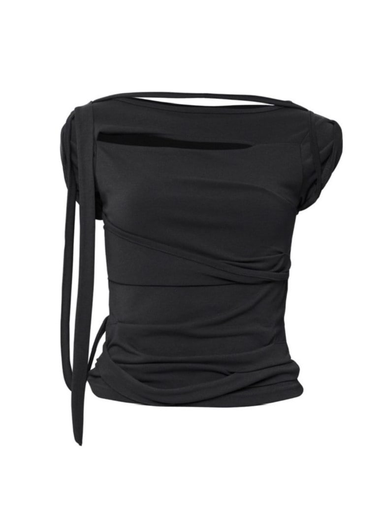 【FLAREUP】Asymmetrical Draped Strap Roll-Up T-Shirt