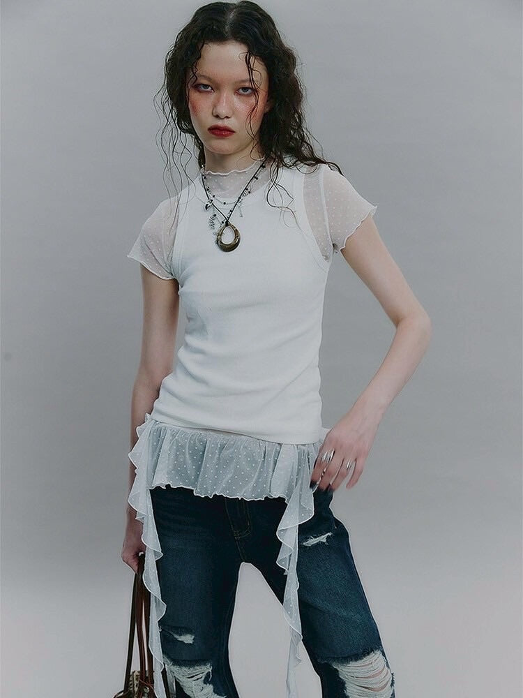 【NOT KNOWING】Dot Mesh Ruffle Top / 【ノットノーイング】ドットメッシュラッフル半袖Tシャツ