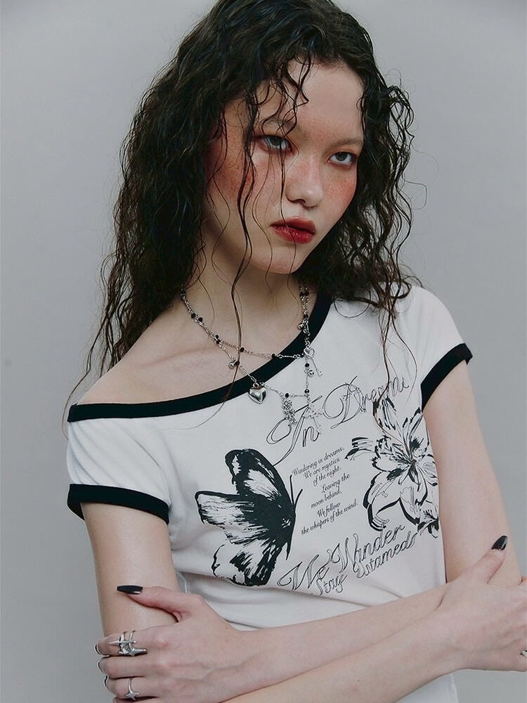 【NOT KNOWING】Tied One Off Shoulder Ringer Top / 【ノットノーイング】タイドワンオフショルダーリンガー半袖Tシャツ