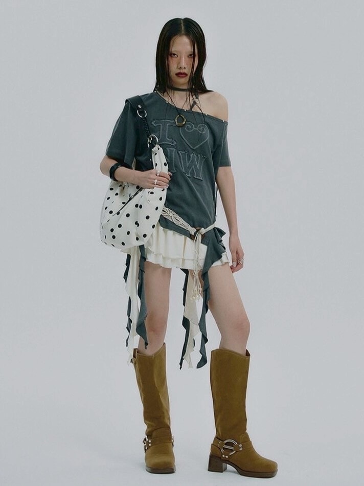 【NOT KNOWING】One Shoulder I LOVE Ruffle Top / 【ノットノーイング】ワンショルダーアイラブラッフル半袖Tシャツ