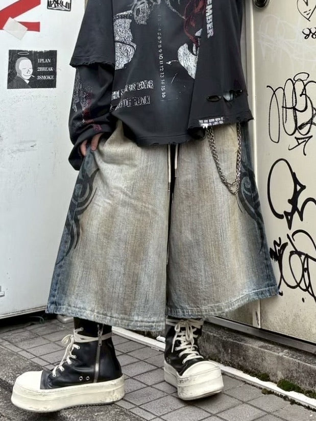 受注制【Never mind the XU】tribal denim half pants / 【エックスユードッグ】トライバルデニムハーフパンツ