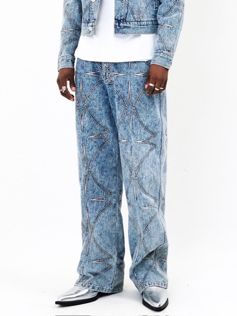 【E RIN AI E】METTALIC FOUR LEAF CLOVER DENIM PANTS