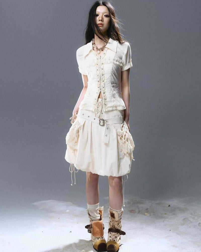 【Cest Nous】Lace Trim Rivet Blouse / 【セヌー】レースフリルリベットブラウス