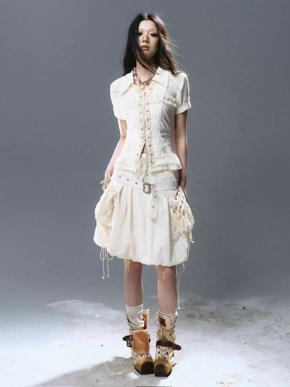 【Cest Nous】Lace Trim Rivet Blouse / 【セヌー】レースフリルリベットブラウス