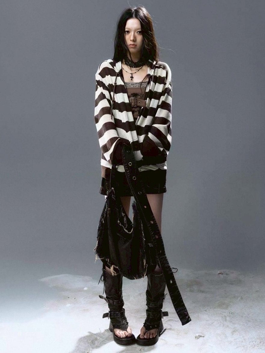 【Cest Nous】Striped Beaded Hoodie / 【セヌー】ボーダーシースルージップパーカー