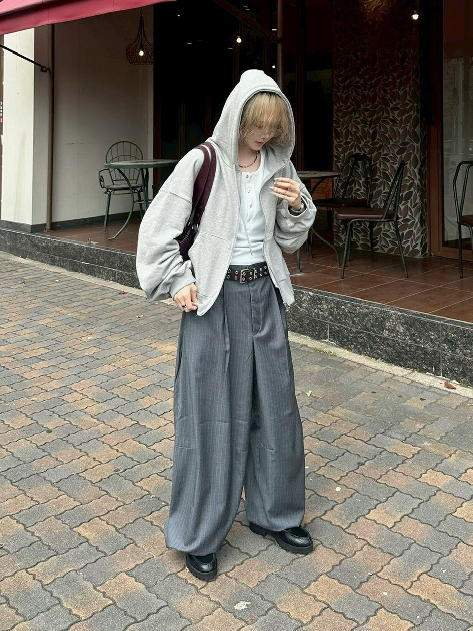 受注制【Chikashitsu +】draw cord stripe wide slacks (2color