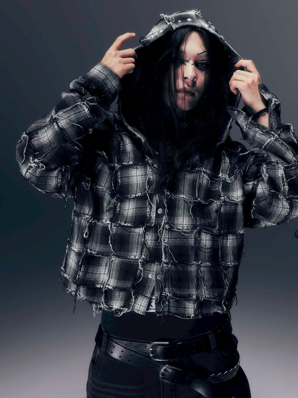 【DIG YOUR OWN GRAVE】PATCHWORK HOODY SHIRTS /【ディグユアオウングレイブ】パッチワークフードチェックシャツ