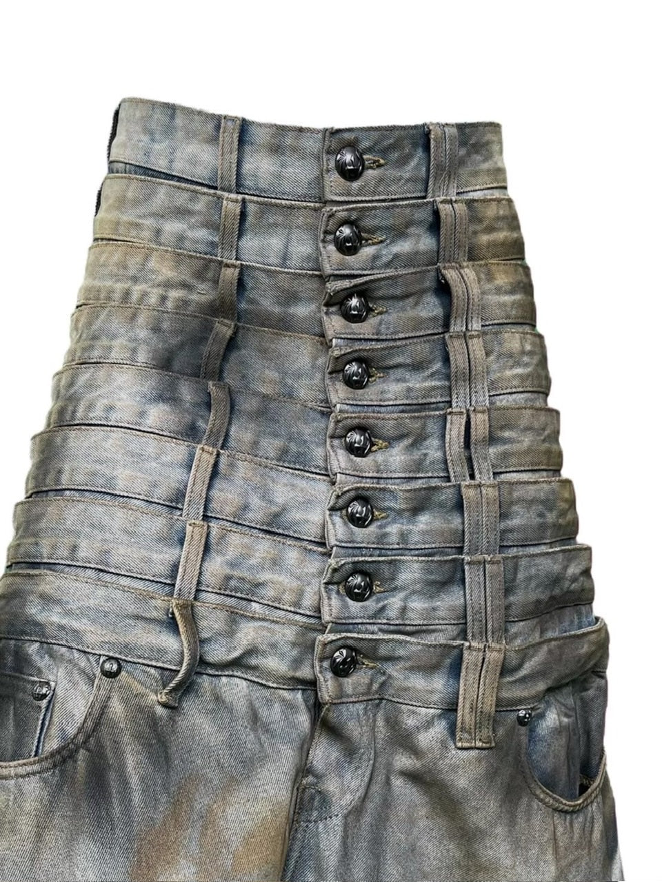 【UNIZ】8 Backs J-Cut Pants / 【ユニズ】ダーティーライクレイヤードバルーンデニムパンツ