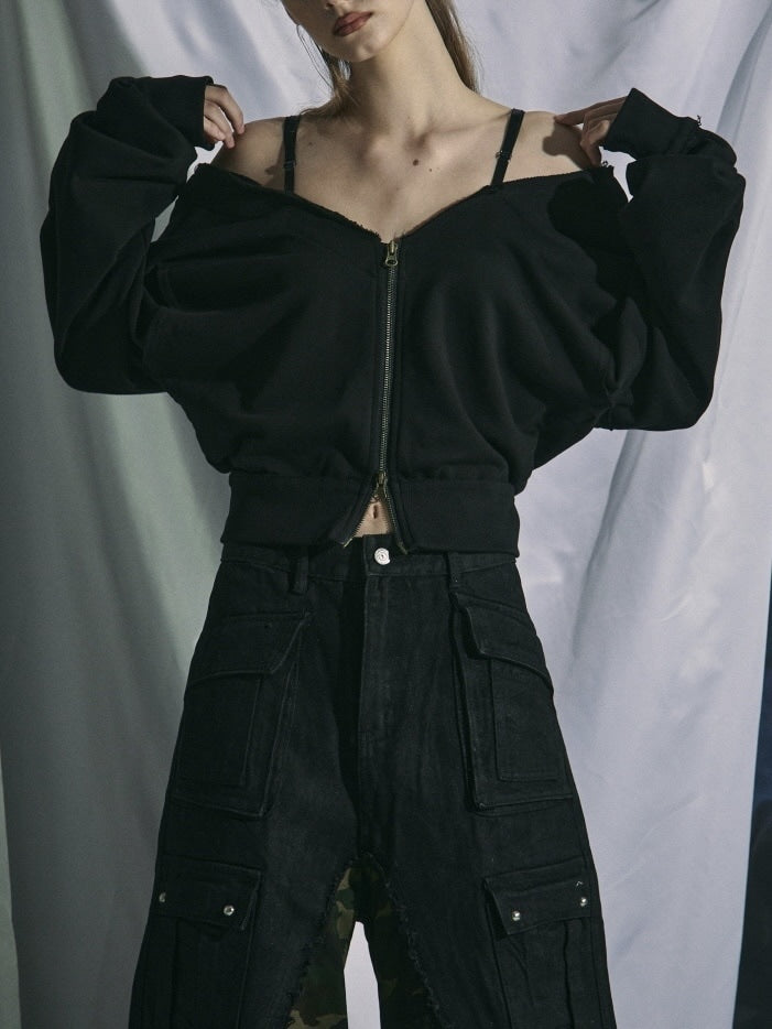 【GATELESS】OFF-SHOULDER ZIP SWEAT / 【ゲートレス】オフショルダージップスウェット