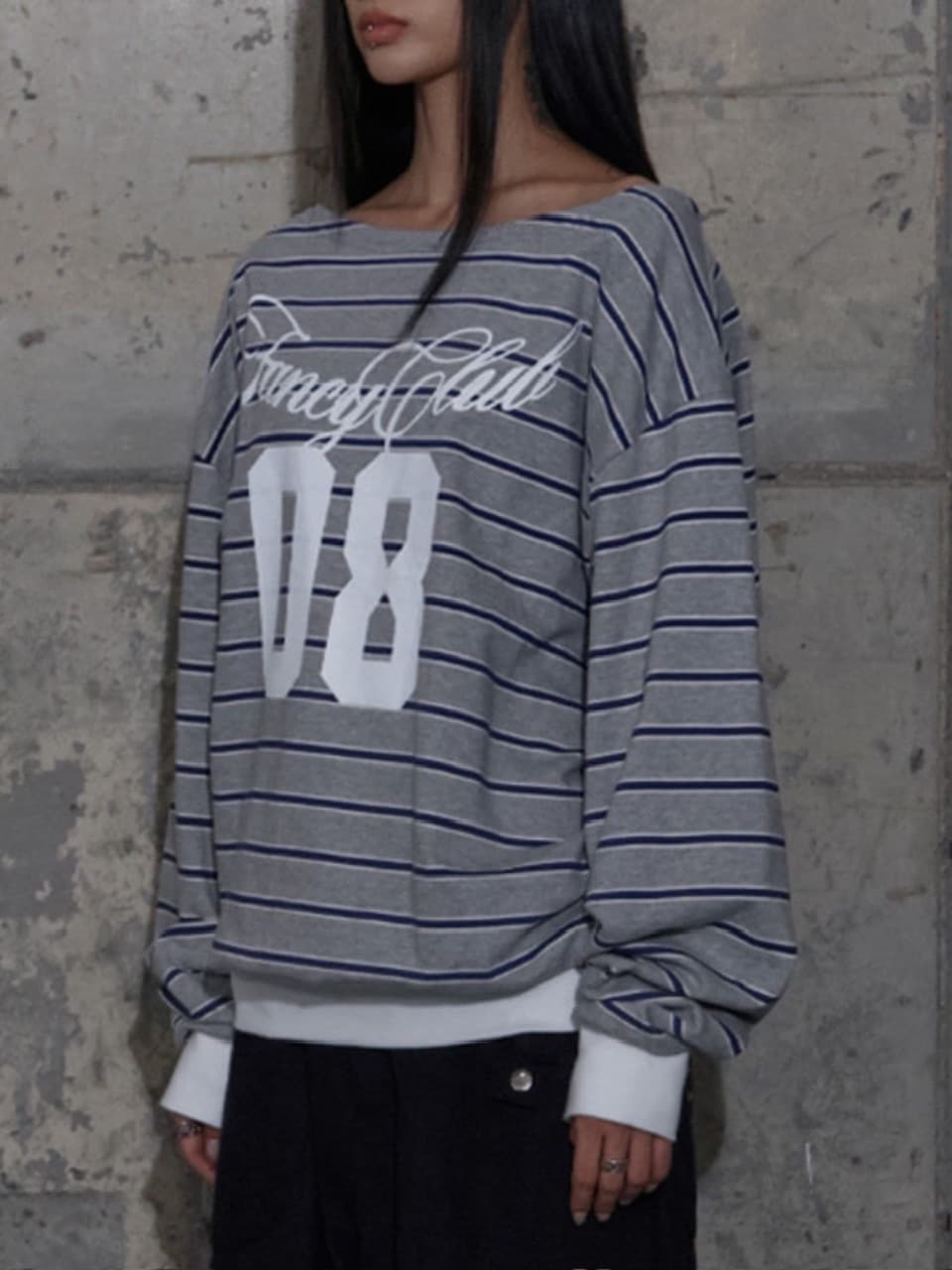 【FANCY CLUB】STRIPE ONE-SHOULDER SWEATSHIRT / 【ファンシークラブ】ストライプワンショルダースウェット長袖Ｔシャツ