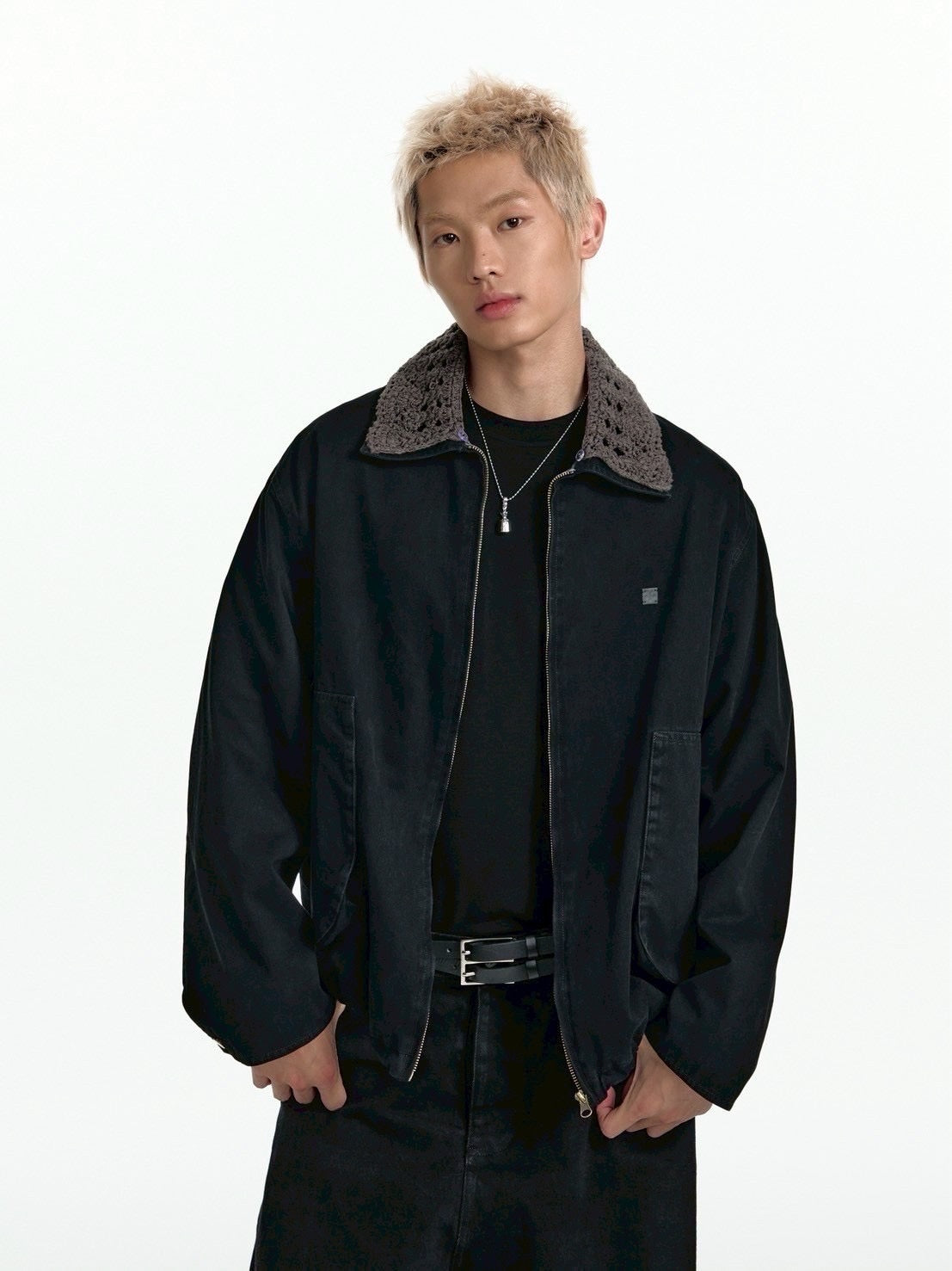 【TGNS】Openwork Knit Collar And Curved Pocket Jacket / 【ツーガンズ】ニットカラーカーブポケットワークジャケット