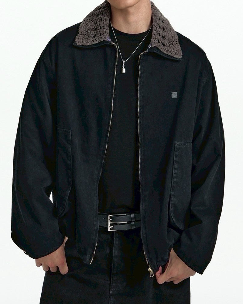【TGNS】Openwork Knit Collar And Curved Pocket Jacket