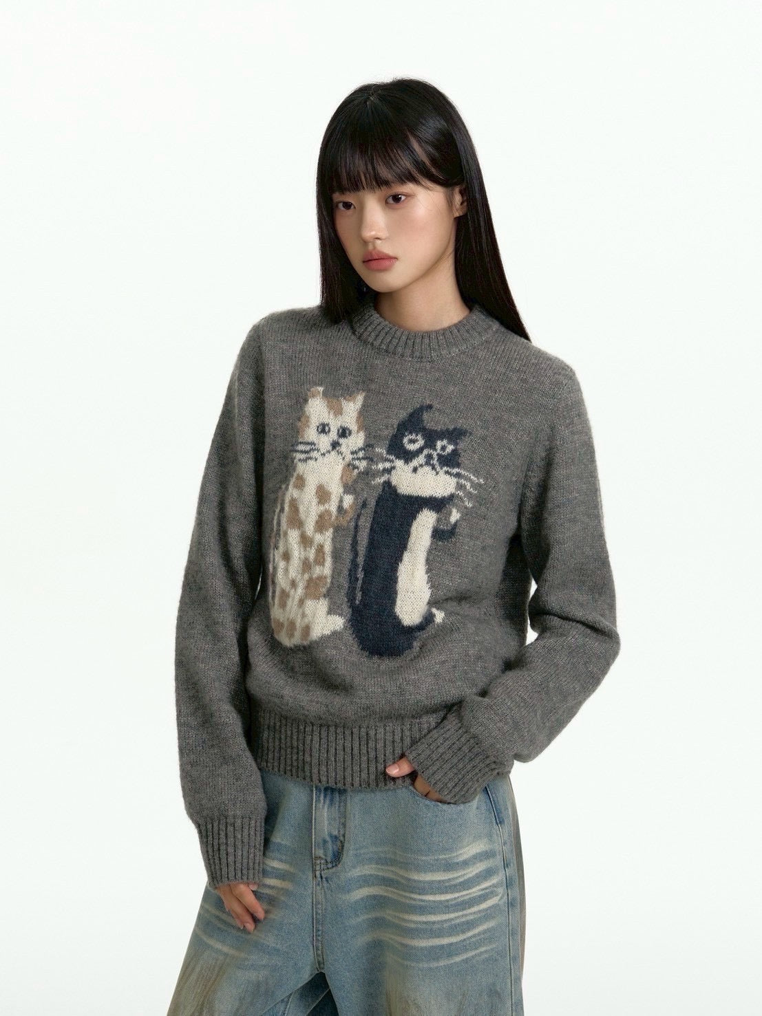 【TGNS】Cat Crew Neck Sweater / 【ツーガンズ】キャットデザインクルーネックニット