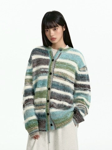 【TGNS】Gradient Terry Faux Mink Striped Cardigan Sweater / 【ツーガンズ】マルチカラーボーダーニットカーディガン