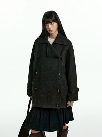 【TGNS】Dark Texture Double-Breasted Short Wool Coat / 【ツーガンズ】ダブルブレステッドボタンショートウールコート