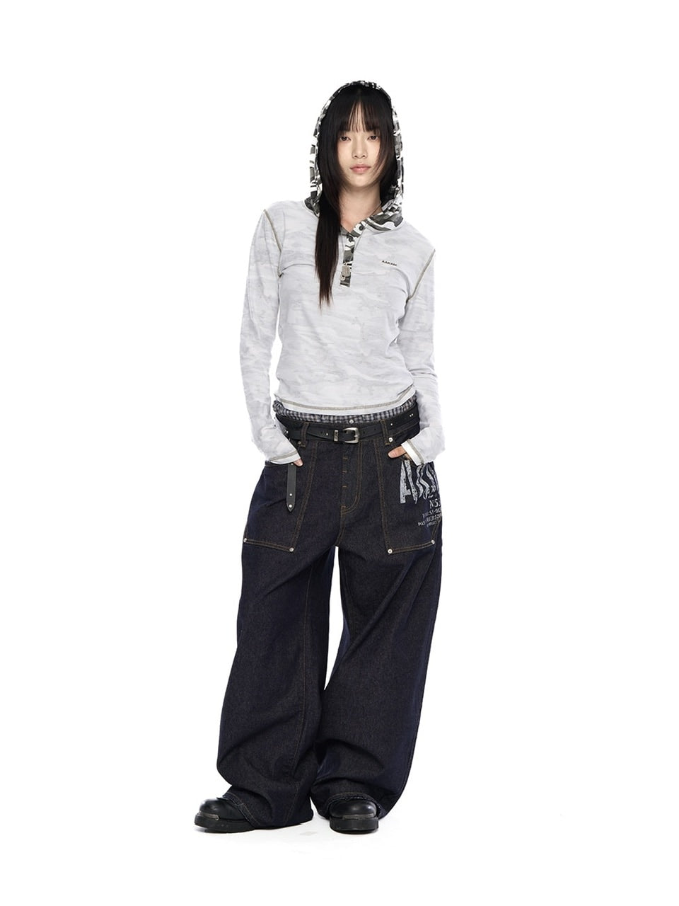 【AAKAM】Camo Contrast Hooded Long Sleeve