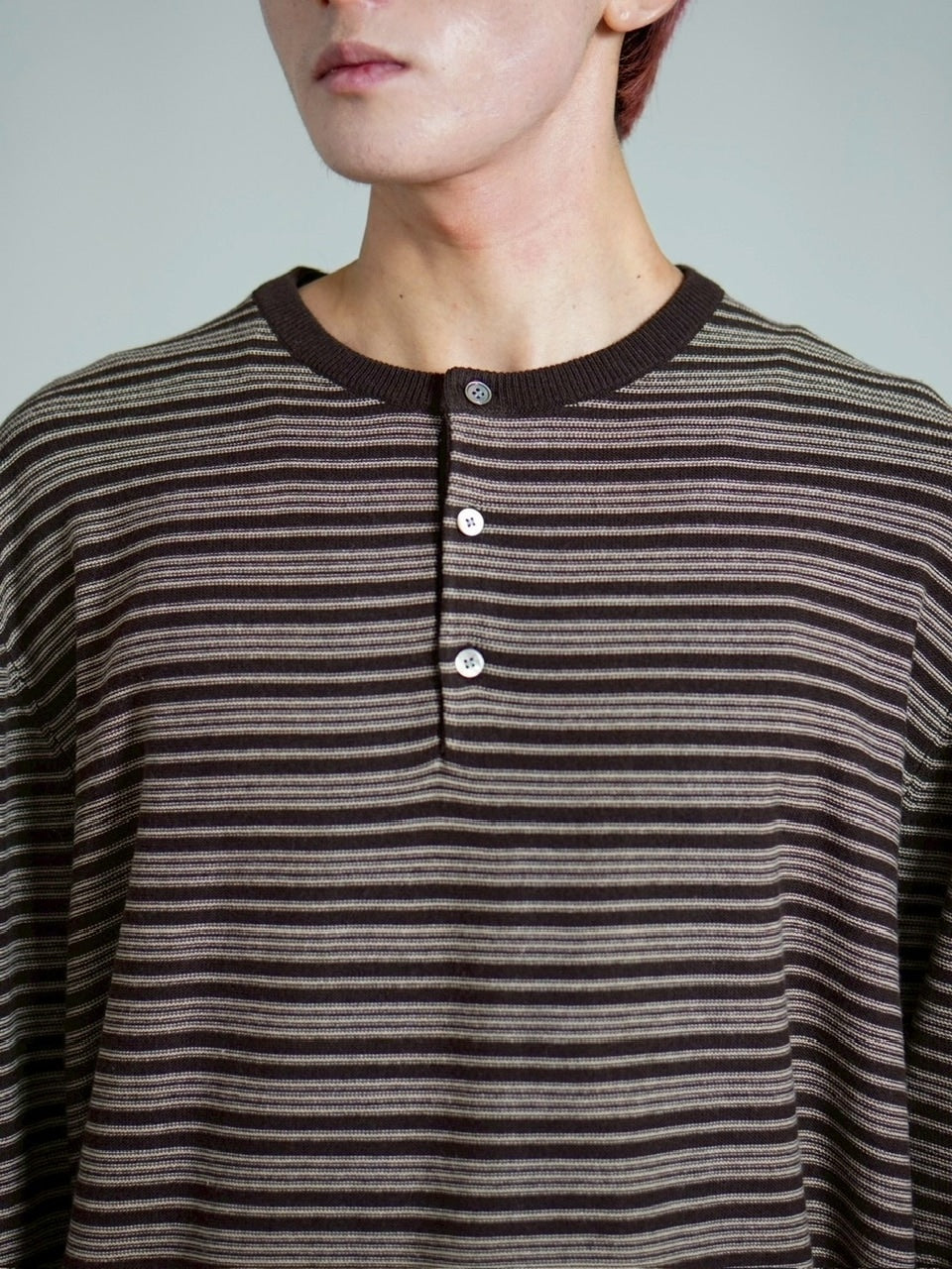 受注制【Chikashitsu +】cropped henry neck border knit / 【チカシツプラス】クロップドヘンリーネックボーダーニット (3color)