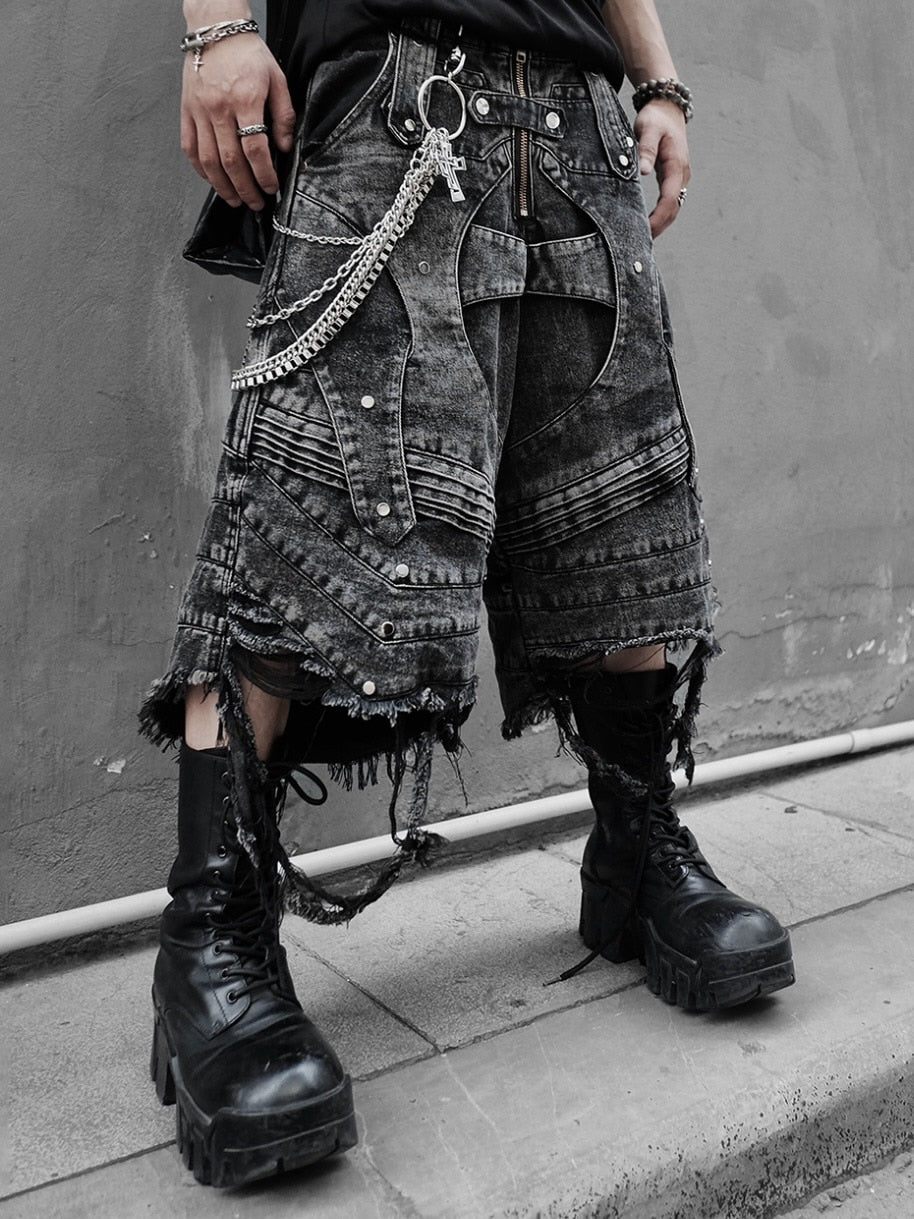 1/2 20:00再販【RICH】Knight Wide Waxed Short Pants/ 【リッチ】デザインデニムダメージハーフパンツ