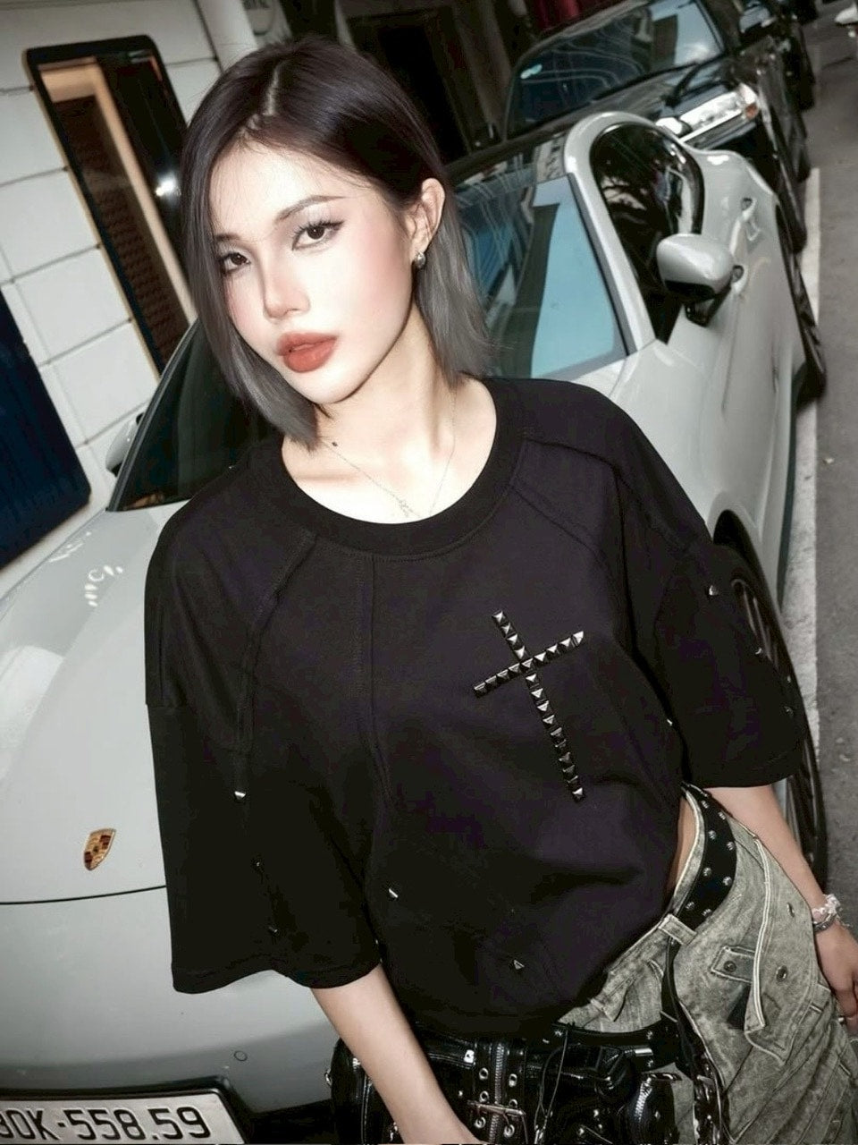 【RICH】Riveted Cross Over T-shirt / 【リッチ】リベットクロスオーバーサイズ半袖Tシャツ