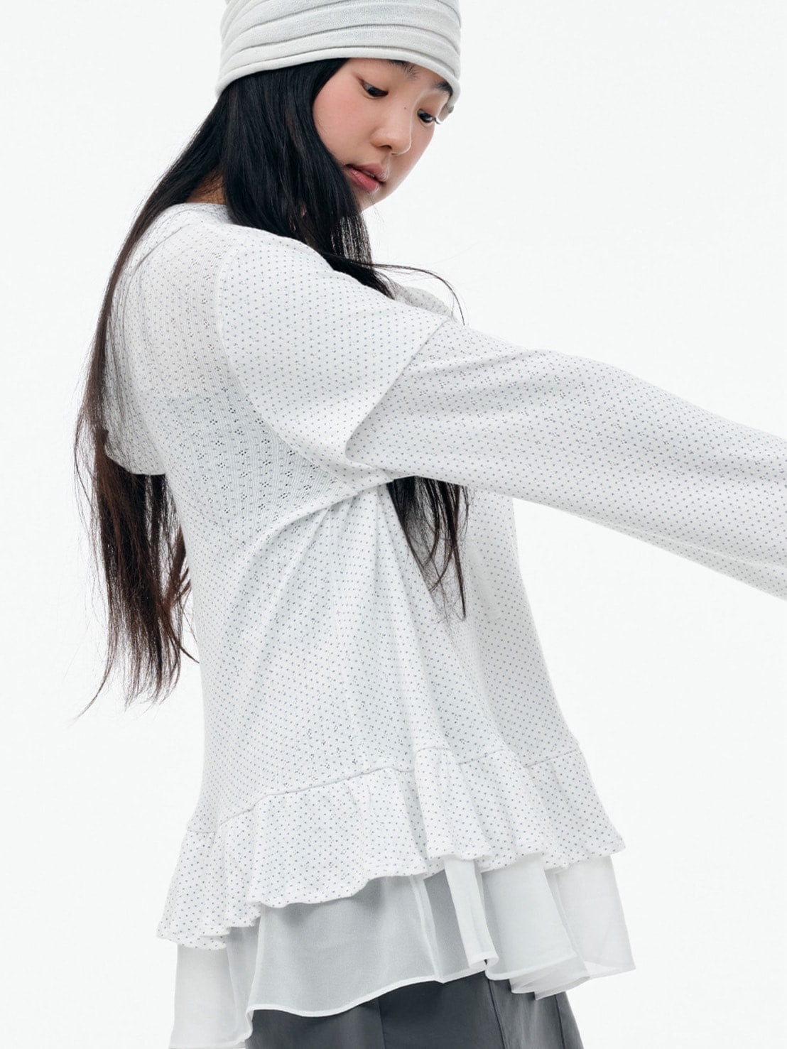 【TUOMIO】FRILL CHIFFON HOODIE / 【トゥオミオ】フリルシフォンフードパーカー