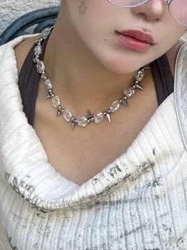 【Never mind the XU】clear stone studs necklace / 【ネバーマインドザエックスユー】クリアストーンスタッズネックレス