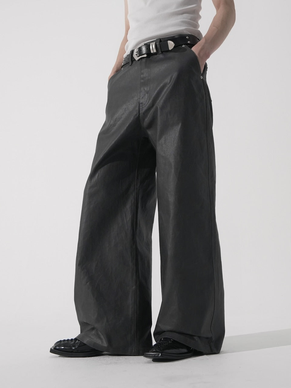 【CS】coated wide denim pants(dark gray)