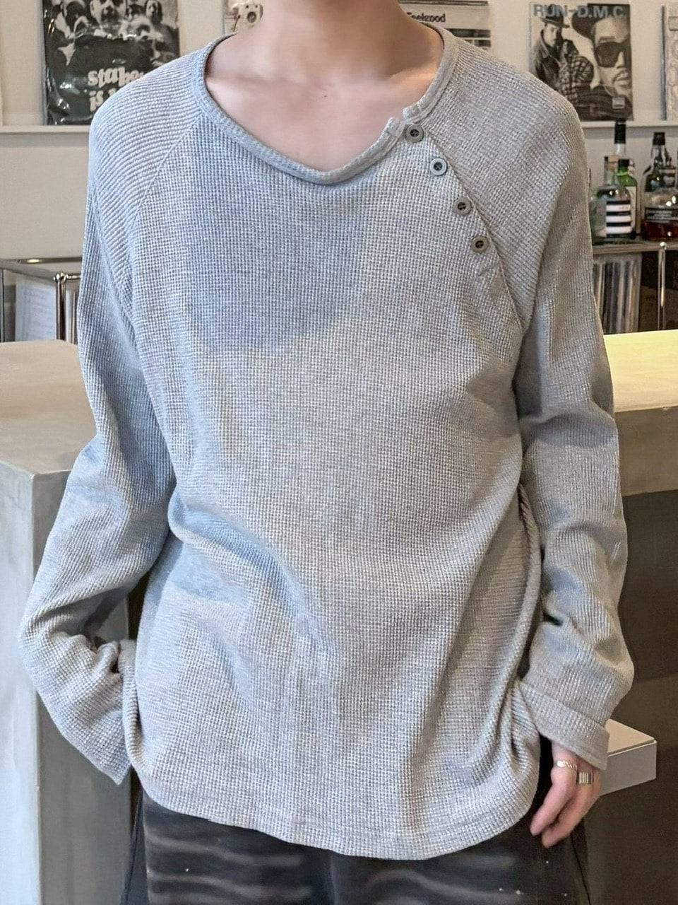 受注制【LUV CODE】snap button waffle long sleeve tee (2color)