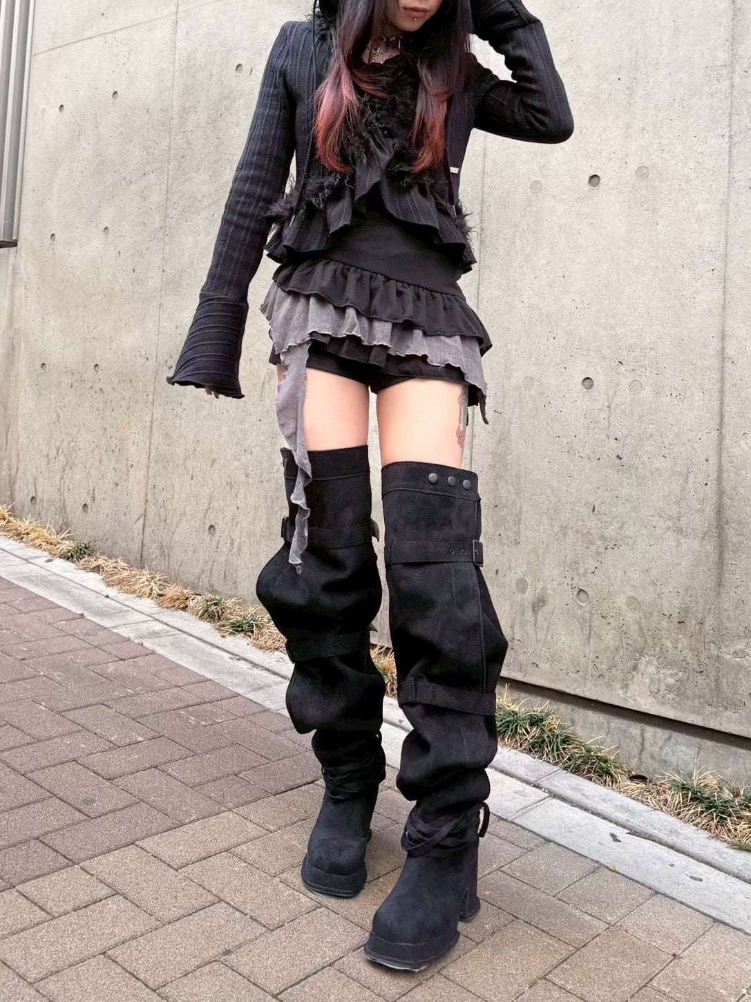 【Never mind the XU】tie set layered long sleeve / 【ネバーマインドザエックスユー】タイセットレイヤード長袖トップス (2color)