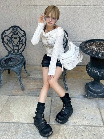 【Never mind the XU】off shoulder tops / 【ネバーマインドザエックスユー】シャーリングオフショルダー長袖トップス (3color)