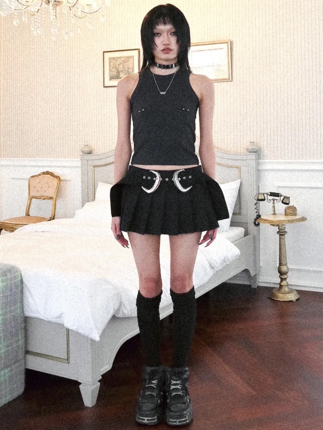 【KAIYA】BELT RAW EDGE PLEATS MINI SKIRT