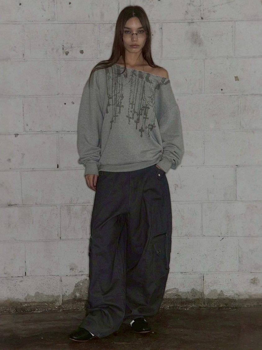 【FANCY CLUB】NECKLISS ONE-SHOULDER SWEATSHIRT / 【ファンシークラブ】ネックレスワンショルダースウェット長袖Tシャツ "